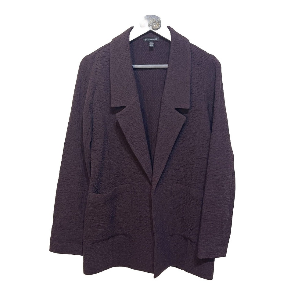 Eileen Fisher XS Open Front Purple Eggplant Textured Blazer Open Jacket